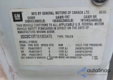 2005 Chevrolet Silverado 1500 Ls from USA, damaged, VIN 2GCEC13T151363475